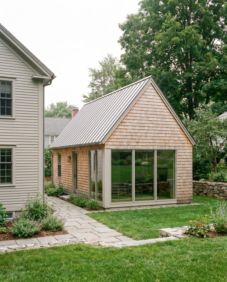 Modern detached backyard accessory dwelling unit behind a New England single-family home