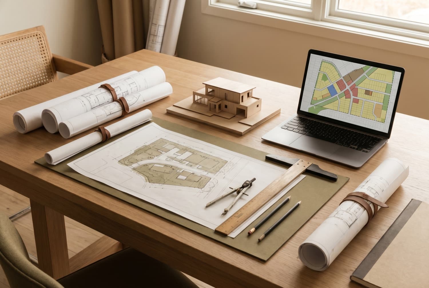 Urban planning studio desk with rolled site plans, a wooden house model, and drafting tools